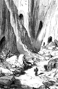 Sindbad the sailor (Sinbad) - tale of the thousand and one (1001) nights - illustration by Gustave Dore - edition Maxwell 1865 - Second voyage: Sindbat discovers a valley with diamonds, but which is unfortunately occupied by giant snakes. He will take refu
