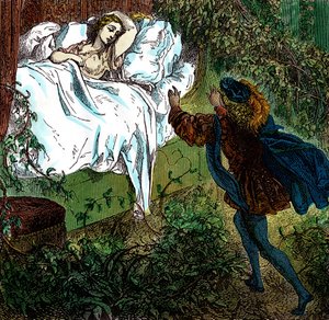 Sleeping Beauty, Prince Charming Approaches the Beautiful Sleeping Princess. Engraving by Gustave Dore for "Les Contes" by Charles Perrault by Gustave Dore