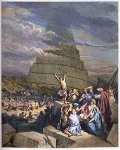 Tower of Babel - The Tower of Babel illustration of Genesis and language confusion by Yahve. On the right, King Nimrud discusses with the architects - engraving in The Bible illustree by Gustave Dore - Engraving from The Dore Bible by Gustave Dore