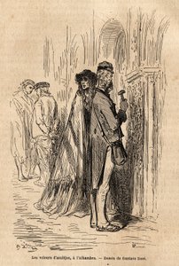 The azulejos thieves, in the Alhambra of Granada. A sketch made by Gustave Dore, to illustrate his trip to Spain in 1862, accompanied by Ch.Davillier. Engraving in Le tour du monde