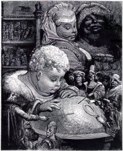 The education of Gargantua: the giant, child, studies a globe with his teachers, under the eyes of his parents by Gustave Dore