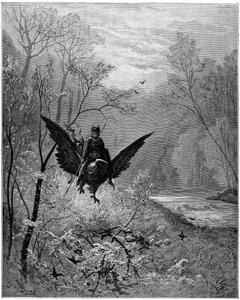 The Hippogriff, climbed by the knight Ruggiero, arrives in a laughing region (engraving by Gustave Dore for 