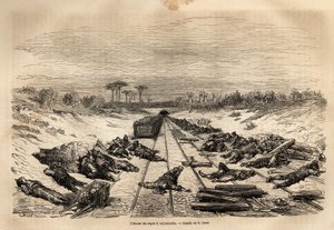 The hour of rest in Argamasilla, the many railway workers lying on the track, rest in full sun. Engraving to illustrate the voyage to Spain by Gustave Dore illustrator and Baron Ch. Davillier reactor, in 1862, published in Le tour du monde, nouveau journal by Gustave Dore