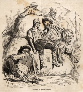 The nap of the carriers of the port of Alicante, sketch made on the lively by Gustave Dore, to illustrate his journey to Spain, in 1862, with Ch. Davillier. Engraving in 