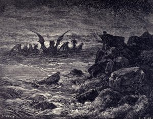 The prophet Daniel sees monsters appearing: Haniel, Kafziel, Azriel, Aniel. Engraving from the Bible illustrated by Gustave Dore (19th century) by Gustave Dore