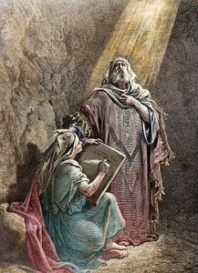 The prophet Jeremiah dictating his prophecies to Baruch - Colored engraving by Pannemacker, from the Bible of Gustave Dore by Gustave Dore