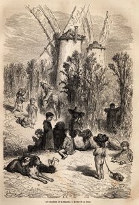 The Thistles of the Channel, at the Foot of the Mills Dear to Don Quixote, with the Representation of a Yeast, a Dog Breed Very Frequent in the Region (the Figure of the Galgo Corredor Always Starving in Don Quixote) and a Crowd of Beggars Children, True S by Gustave Dore