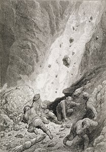 They Saw Masses of Rocks, Boulders and Stones, Dart Round the Corner, from The Ascent of the Matterhorn by Edward Whymper, published 1860s-80s by Gustave Dore
