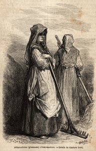 The gleaners of Estremadure, with their large wooden rakes to pick up the part of the crop that was forgotten in the fields after the harvest. Engraving to illustrate the voyage to Spain by Gustave Dore (1832-1883) illustrator and Baron Ch. Davillier