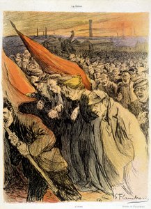 Curved crowd with red flags, La Grève by Flaschoën, early 20th century