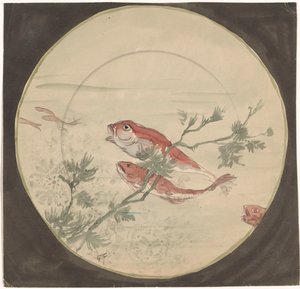 Design for a Plate with Red, Upward-Swimming Fish by Gustave Fraipont (signed by artist)