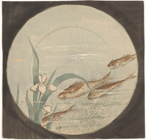 Design for a Plate with Four Brown Fish Swimming Downwards by a White Iris by Gustave Fraipont (signed by artist)