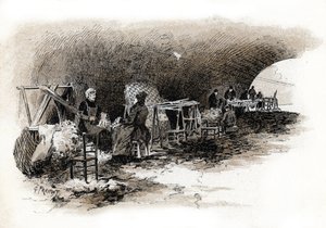 Workers carding wool under the bridge of Pont-Marie, Paris. Drawing by Gustave Fraipont from 