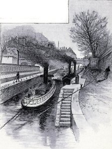 Towboats of the Lock on the Seine River in Front of the Hotel des Monnaie, Paris by Gustave Fraipont