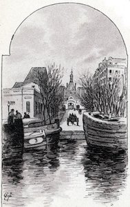 View of the Hospital Saint-Louis in Paris from Canal Saint-Martin, Paris. Drawing by Gustave Fraipont from 