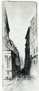 View of the Hotel Colbert street near Maubert square in Paris. Drawing by Gustave Fraipont from Saint-Juirs by Gustave Fraipont