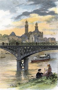 View of the footbridge of Passy (now bridge of Bir Hakeim) in Paris by Gustave Fraipont