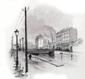 View of the swinging bridge of Quai de Valmy on the Canal Saint Martin, Paris by Gustave Fraipont
