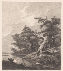 River Landscape with Resting Shepherd by a Tree Stump by Gustave Marie Greux
