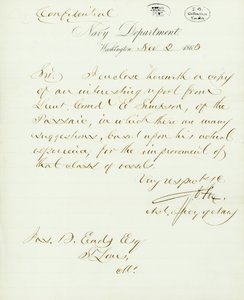 Letter signed G.V. Fox, Navy Department, Washington, to Jas. B. Eads [James B. Eads], St. Louis, Mo., November 2, 1863 by Gustavus Vasa Fox