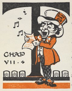 Illuminated letter T with the Mad Hatter singing from a song sheet
