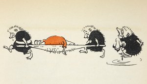 Illustration of two hedgehogs carrying an injured croquet player being followed by another weeping hedgehog by Gwynedd M. Hudson
