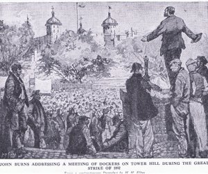 John Burns addressing a meeting of dockers on Tower Hill during the Great Strike of 1892 by H. H. Flere