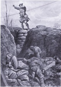 Private Brown (Gordon Highlander) Bombing the Enemy in a German Trench from the Top of a Barricade