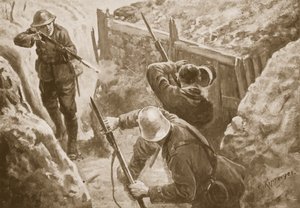 Private J. Hutchinson shooting two German sentries when leading an attack on a German trench by H. Ripperger