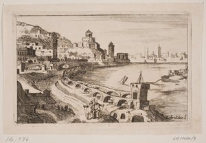 Riverbank with oriental city by H. Rosenkilde