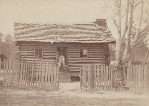 Albumen print of a woman and two children in front of a log house in Georgia