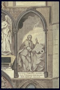 West Side of Poets Corner, plate 25 from Westminster Abbey (detail of the Funeral Monument of George Frederick Handel) by H. Villiers