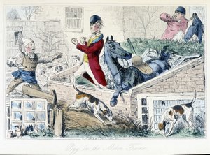 Fight between a farmer and a hunter. English caricature on the fox hunt from the adventures of Thomas Scott or Hawbuck Grange, illustration by H.K. Browne and W.T. Maud by Hablot Knight Browne