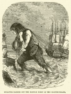 Gulliver carries off the hostile fleet of the Blefuscudians (engraving) by after Hablot Knight Browne