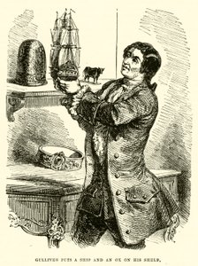 Gulliver puts a ship and an ox on his shelf (engraving) by after Hablot Knight Browne