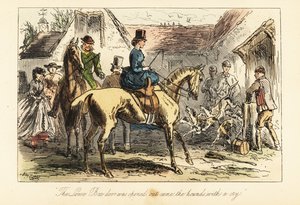 Huntsmen and women watch the fox-hounds let out of a pen before a hunt by after Hablot Knight Browne