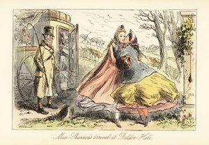 Ladies in Crinolines Embracing in Front of a Gate by after Hablot Knight Browne