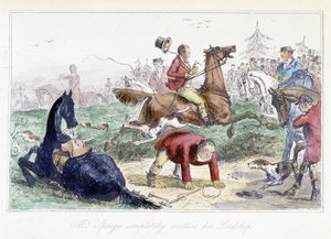 Hunter falls from his horse. English cartoon from the adventures of Thomas Scott or Hawbuck Grange, illustration by H.K. Browne and W.T. Maud