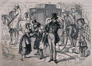 A young woman tends to a man who is looking ill, as people from the house climb into the carriage. Wood engraving by Gray after H.K. Browne. by Hablot Knight Browne