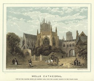 Wells Cathedral, view of the chapter house and eastern gate, with the gallery leading to the Vicar