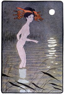 Young Japanese bathing in a pond in the moonlight - in Japanese doll by Félicien Champsaur, ill. Hanafusa Itcho, Paris