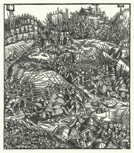 Archduke Maximilian of Austria and his army fighting the French by Hans (after) Burgkmair