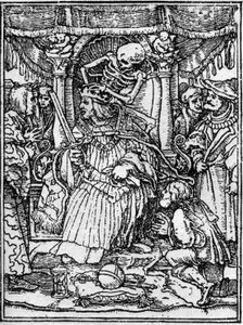 The Simulacrons of the Death of Hans Holbein the Young: The Emperor. While Death Takes Away the Crown of the Emperor, a Peasant Begs Him for Justice. Engraving by Hans (after) Holbein the Younger