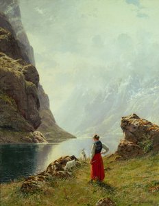 A Girl with Goats by a Fjord