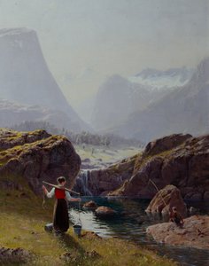 Girl with Buckets of Water and Boy Fishing