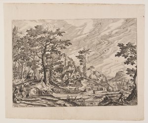 View of a Village, a Man Carrying a Wheelbarrow, plate 8 from Landscapes with Views of Villages by Hans Bol
