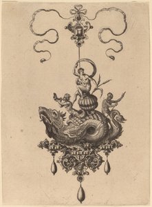 Design for a Pendant with Sea-Monster Carrying a Woman on a Shell Flanked by a Triton and a Man with an Oar by Hans Collaert the Elder