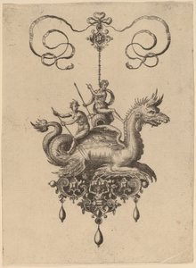 Design for a Pendant with a Sea-Monster Carrying Neptune on an Urn Flanked by a River-God with an Oar by Hans Collaert the Elder