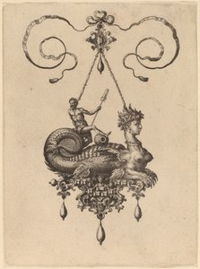 Design for a Pendant with a Sphinx with the Body of a Fish Carrying a Man with an Oar by Hans Collaert the Elder