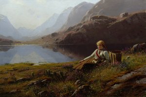Girl Knitting by the Mountain Lake